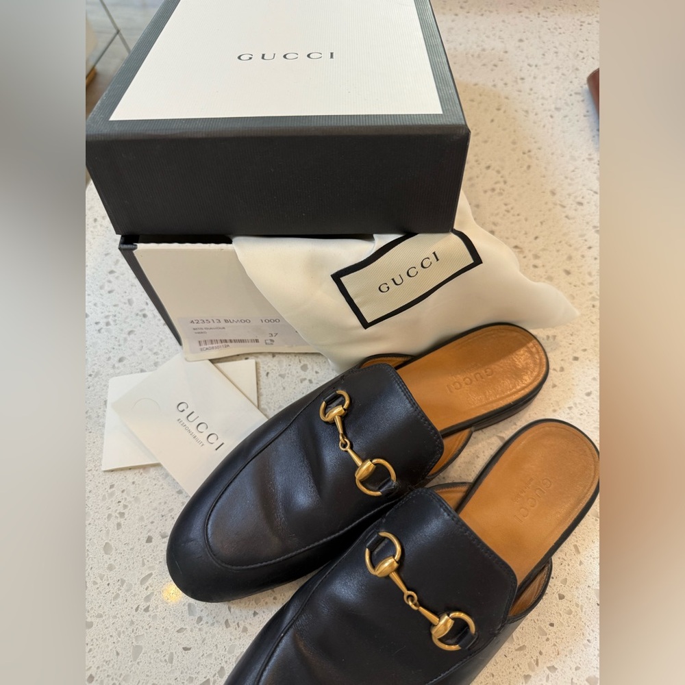 Gucci Black Leather Mules with Gold Hardware